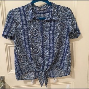 Blue Chiffon Button Down Tie Waist Shirt